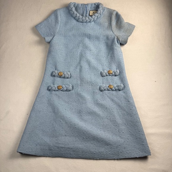 Tuckernuck Dresses & Skirts - Tuckernuck Light Blue Tweed Braided Neckline Shift Dress Gold Buttons XS